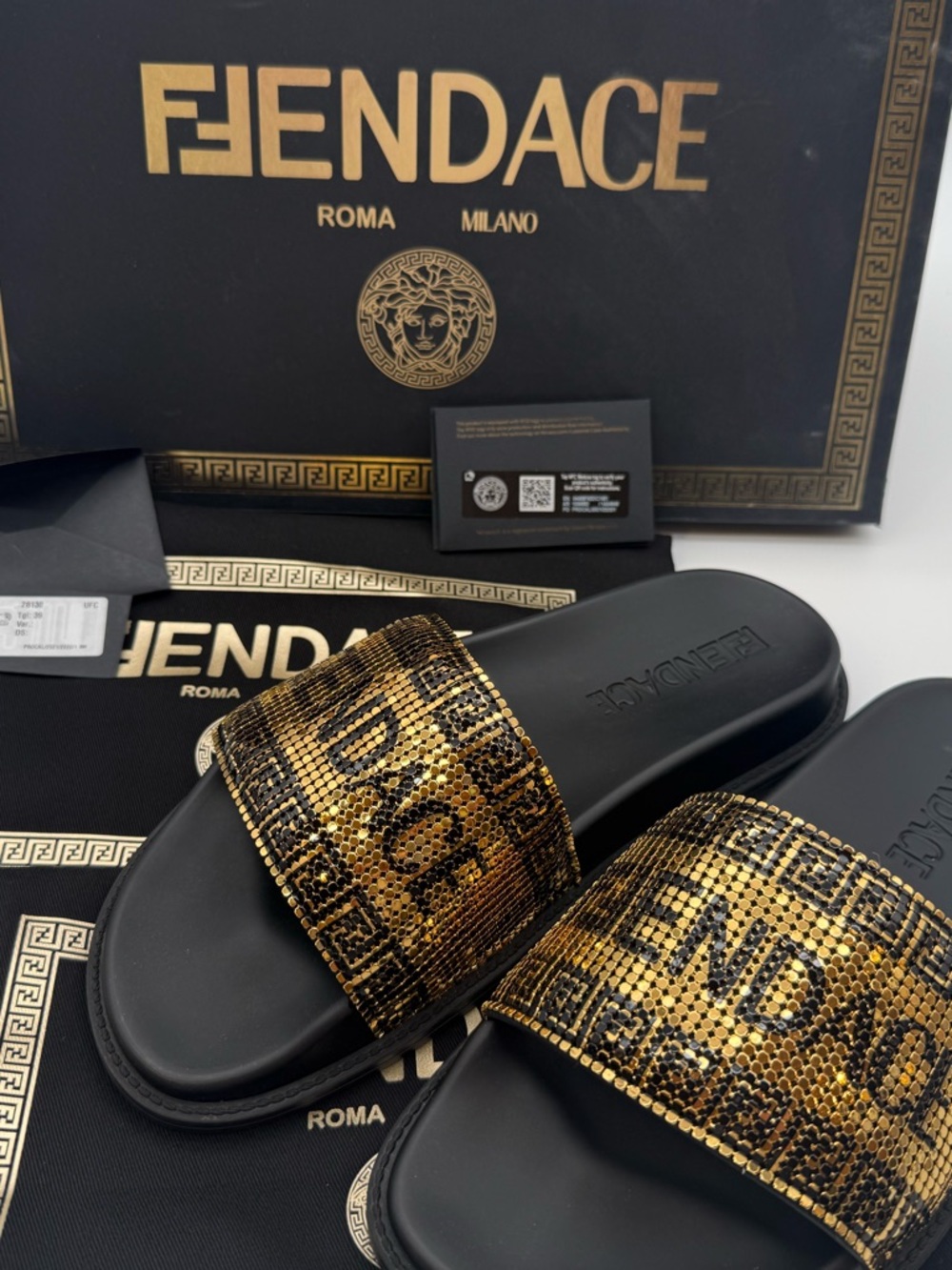 Fendace Fendi x Versace Gold Mesh Logo Slides Sandals Black Size 39